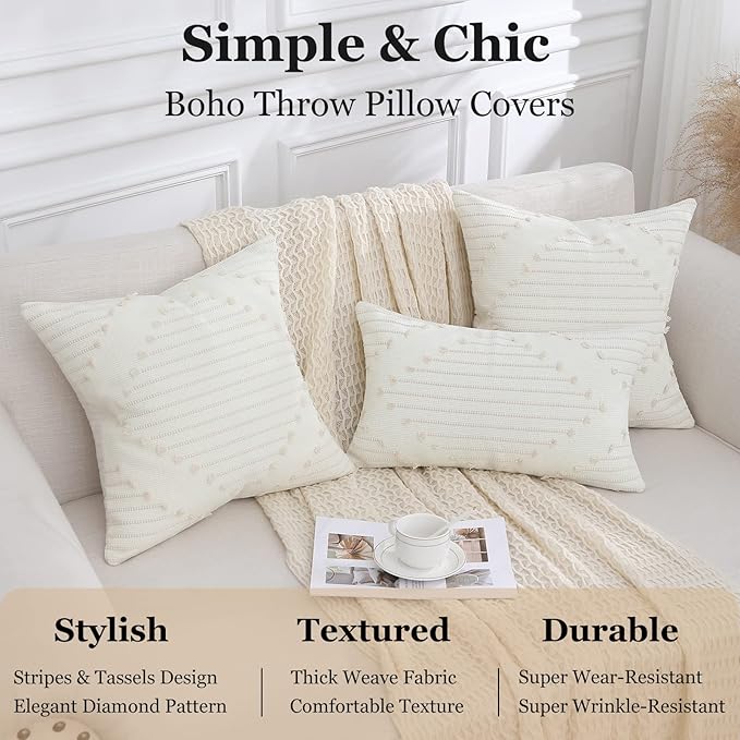 Mecatny Boho Outdoor Throw Pillow Covers 20X20 Set of 2, Farmhouse Decorative Pillow Covers for Couch Sofa Living Room, Beige & Cream White