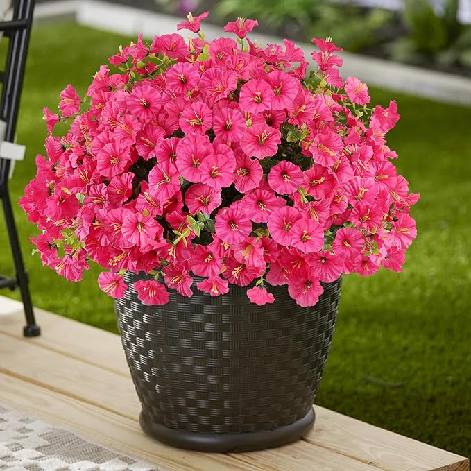 12PCS Artificial Flowers for Outdoor Decorations, Realistic Faux Silk Petunia Flowers for Outside, Fake Plants Morning Glory with Eucalyptus Porch Patio Planters Window Boxes Decor(Rosy red)