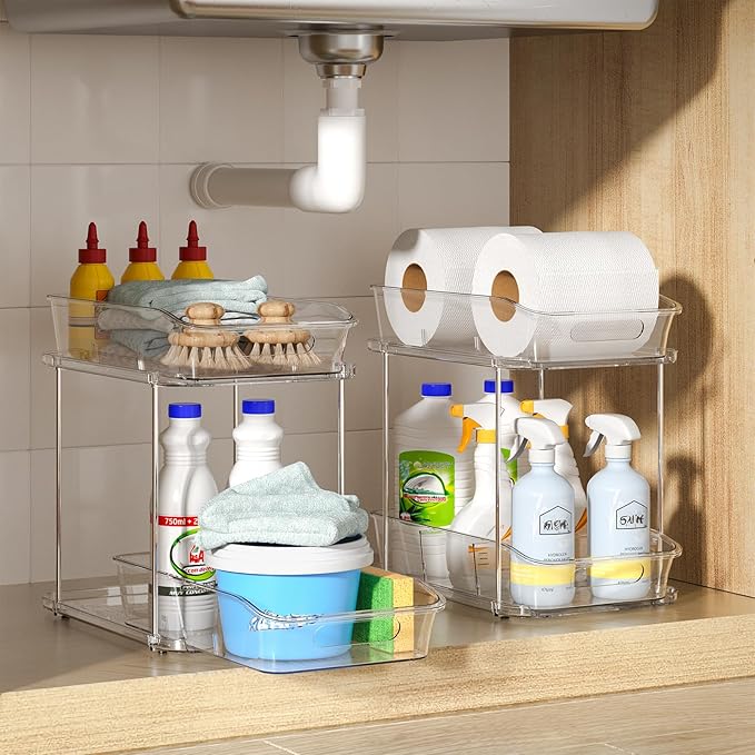 Delamu 3 Pack Bathroom Organizers and Storage, 2 Tier Clear Under Sink Organizer, Pull Out Medicine Cabinet Organizer