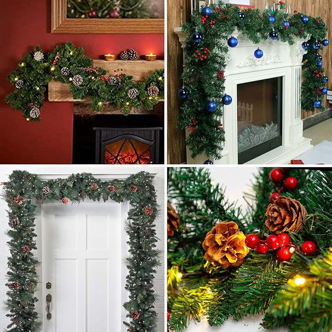 10FT Christmas Garland with 50 LED Lights - Pre-lit Outdoor Xmas Garland - Battery Powered Waterproof String Light with Timer - Pine Garland with Red Berries Snow Pine Cones - 10 Foot by 10 Inch
