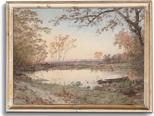 uniro Vintage Wall Art, Farmhouse Wall Decor Fall Pond Wall Painting Canvas Prints Autumn Landscape Oil Painting, Neutral French Country Wall Decor, Vintage Art Pictures for Bedroom Bathroom Kitchen Decor( 8" x 10"-UNFRAMED)