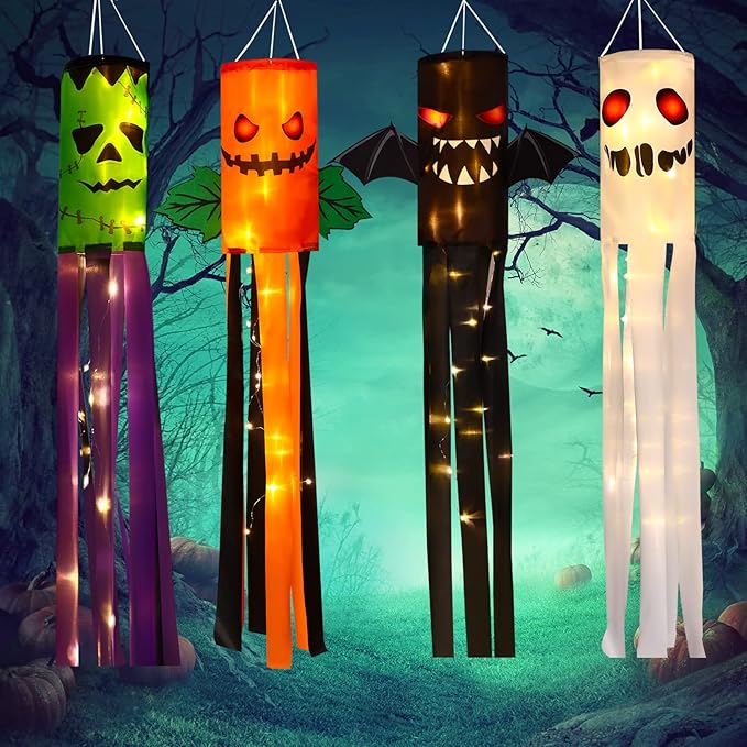 4 Pieces Halloween Windsock Flag 39 Inch Pumpkin Bat Ghost Spooky Cartoon Wind Socks Flag with LED Lights Outdoor Hanging Decoration for Home Yard Patio Lawn Garden Tree Party Decoration