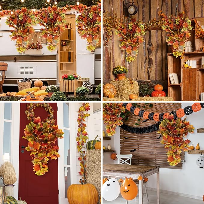 RECUTMS 2pcs Artificial Hanging Maple Leaves Plants Fake Fall Vines Plants Faux Autumn Hanging Fall Artificial Mums for Indoor Outdoor Thanksgiving Party Wedding Home Wall Door Decor(Green Yellow)