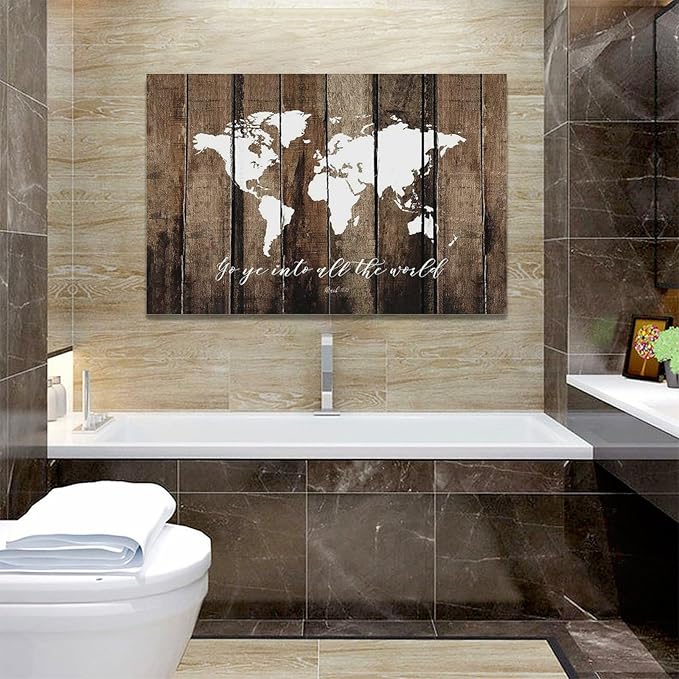 Large World Map Wall Art Rustic World Map Pictures Wall Decor Go Ye Into All The World and Preach The Gospel Canvas Painting Print Home Artwork Framed for Living Room Bathroom Master Bedroom 24"x16"