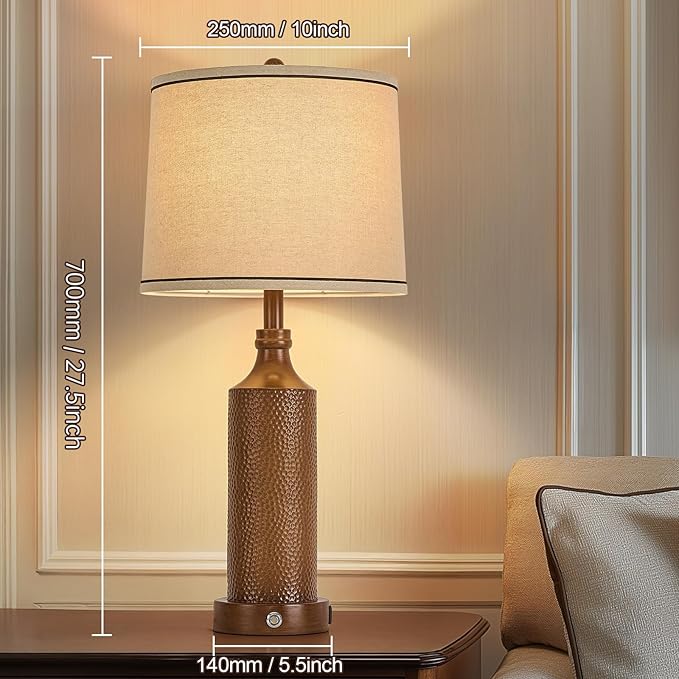 AIDENOEY 27.5" H 3-Way Dimmable Touch Control Table Lamp with USB A+C Ports, Vintage Walnut Finish Resin Bedside Farmhouse Table Lamp Set of 2,for Living Room,Bedroom,Office