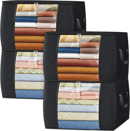 Fab totes 90L Clothes Storage, Foldable Thick Fabric Blanket Storage Bags, Containers for Organizing Bedroom, Closet, Clothing, Comforter, Organization with Handle (4 Pack,Black)
