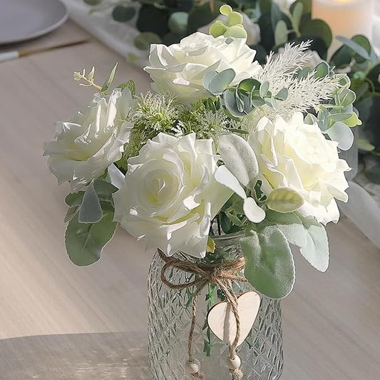 HOHOTIME Artificial Flowers with Vase, White Silk Roses Fake Flower Arrangement with Eucalyptus, Faux Plant Vase for Home Office Dining Table Centerpiece Coffee Table Decor Farmhouse Decoration