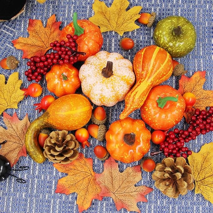 winemana 57pcs Fall Decorations for Home - Small Pumpkins for Decorating with Fake Leaves, Gourds & Pinecones -Thanksgiving Decor for Table Centerpiece Indoor Room Autumn Harvest Decor