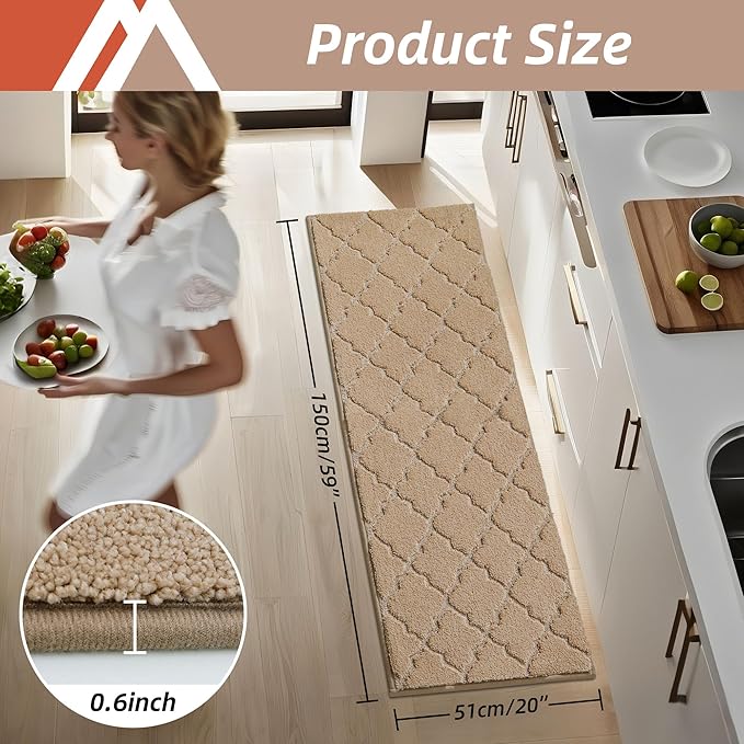 COSY HOMEER Soft Floor Mats for in Front of Sink Super Absorbent Kitchen Rugs 20"x59" Non-Skid Standing Mat Washable,Polyester,Beige