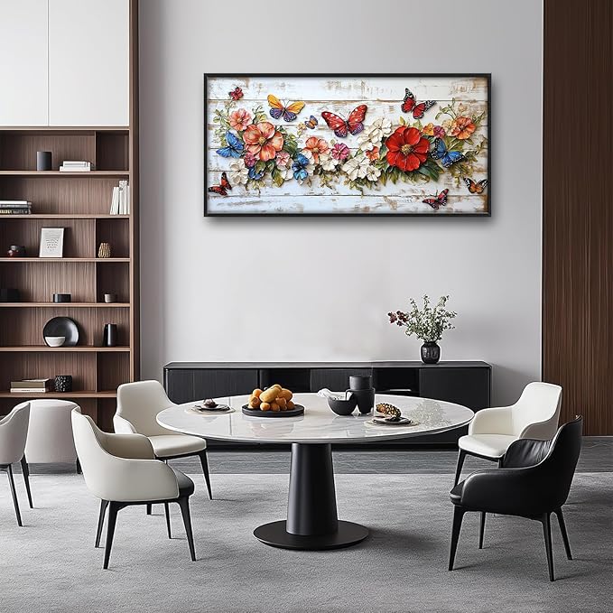 Olivine Flower Large Wall Art, Butterfly Pictures Wall Decor, Boho Painting, Rustic Wood Grain Canvas Prints, Framed Artwork for Dining Room Living Room Bedroom Bathroom Office Home Decor 36"x24"