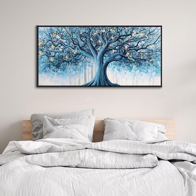 Navy Blue Canvas Wall Art - Blue and Gold Nature Wall Decor, Tree of Life for Bedroom Wall Art, Large Pictures for Living Room, Office, or Bedroom, Framed Landscape Artwork 20×40IN