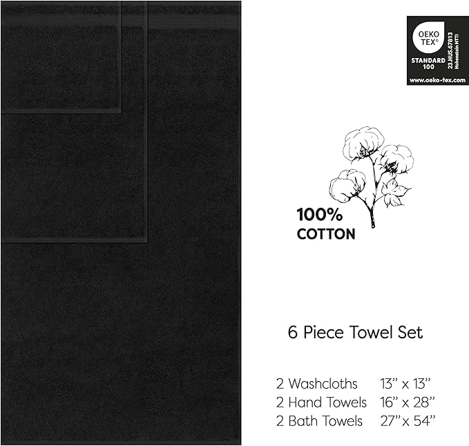 Cotton Paradise Black 6 Piece Towel Set, 100% Cotton Turkish Towels for Bathroom, 2 Bath Towels 2 Hand Towels 2 Washcloths Soft Fluffy Bathroom Towels