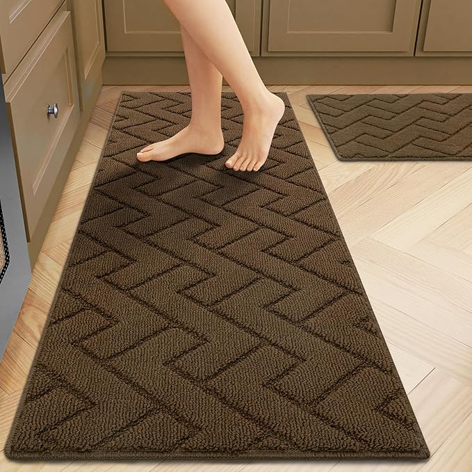Kitchen Rugs and Mats Sets,2 Pieces Polypropylene Non-Slip Super Absorbent Rug,Soft Comfort Floor Mat,Machine Wash for Kitchen,Hallway,Office,Sink,Laundry(20" x 31.5" Plus 20" x 59",Dark Brown)