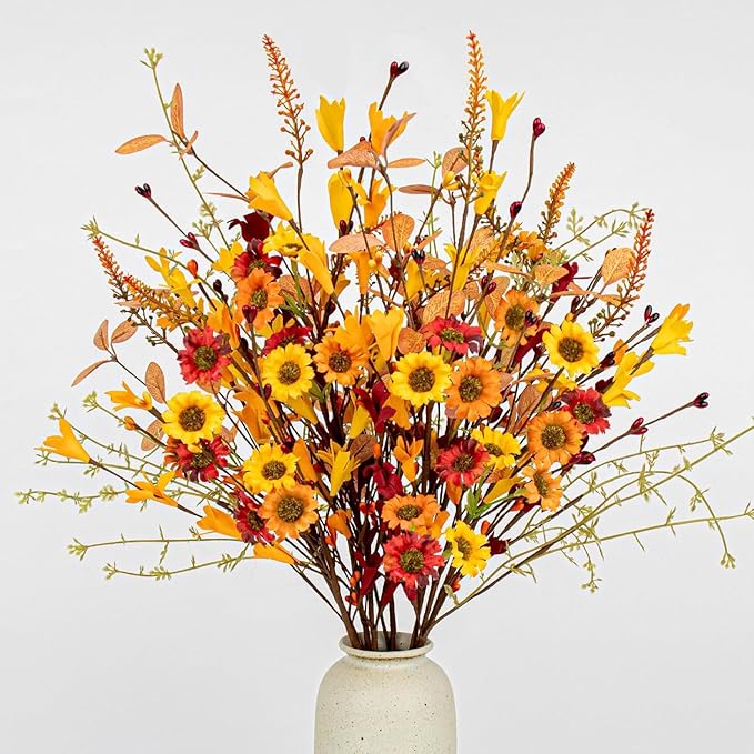 12 PCs Artificial Fall Flowers 17 Inches Vintage Autumn Stems Rustic Fall Floral Picks with Orange Forsythia Daisy Flowers Wildflower Stems for Farmhouse Indoor Vase Table Centerpieces Decor