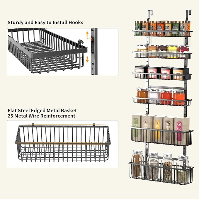 Moforoco 6-Tier Over The Door Pantry Organizer, Pantry Organization and Storage, Black Hanging Basket Wall Spice Rack Seasoning Shelves, Home & Kitchen Laundry Room Bathroom Essentials accessories