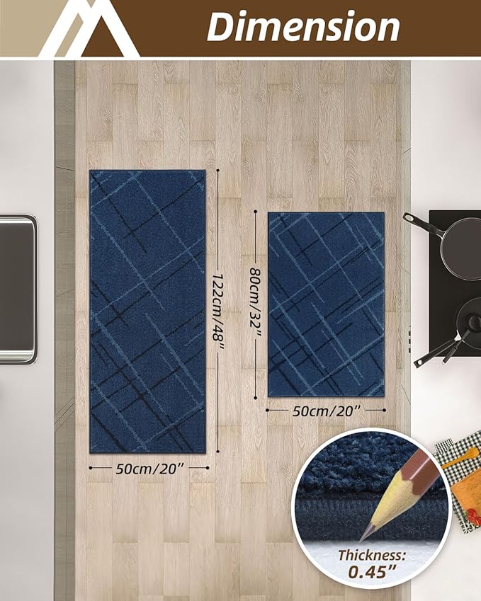 COSY HOMEER Kitchen Mats, 2 PCS Kitchen Rug Non Slip Washable, Absorbent Runner Rugs for Kitchen Floor, Polyester Kitchen Sink Rug 20"x32" + 20"x48"(Blue)