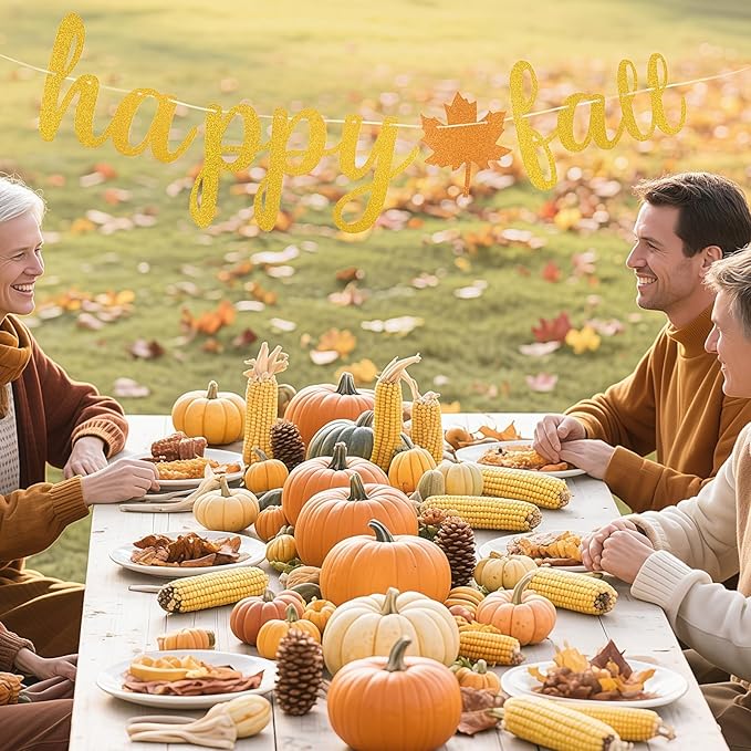 Totelux Happy Fall Banner Decoration Glitter Maple Leaf Sign Gold Orange Autumn Hanging Banner for Wall Home Office Decor Thanksgiving Party Supplies