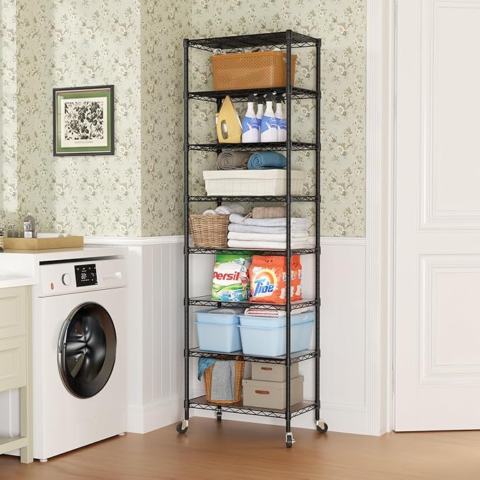 SINGAYE 8 Tier Shelf Organizer Storage Metal Shelves Garage Wire Shelving Unit Pantry Rack Adjustable Standing Storage for Kitchen Closet Laundry Bathroom Pantry 12" D x 22" W x 74" H Black