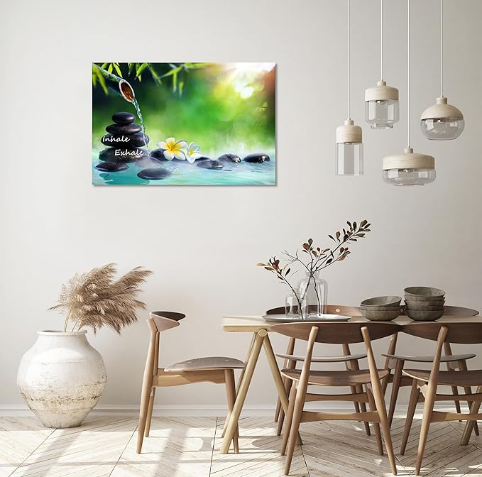 YIOZHAOFH Spa Canvas Print Art Nature Zen Painting Relaxing Bathroom Wall Art Decor White Lotus Pictures Framed Artwork Inhale Exhale Poster Office Decor for Spa Room Bedroom (28L x 44W)
