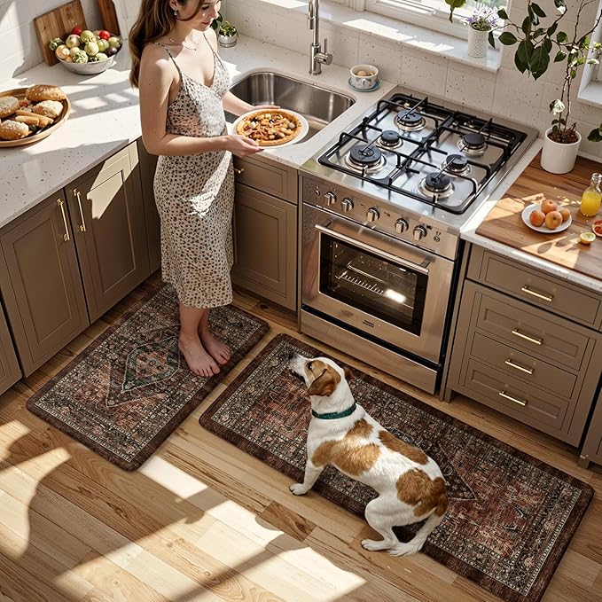 KIMODE Anti Fatigue Kitchen Mats for Floor, Boho Floral Kitchen Rugs Sets of 2, Brick Cushioned Kitchen Floor Mats, Non Slip Standing Desk Mat for Sink Laundry Office Desk 20"x47"+20"x32"