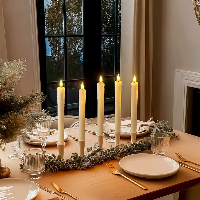 Homemory Real Wax LED Flameless Taper Candles with Remote Timer, 9.6 Inches Ivory Fake Candlesticks, Dripless Battery Operated Window Candle with 3D Flickering Flame for Fireplace Xmas Halloween