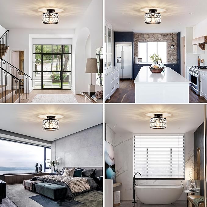 Crystal Ceiling Light Fixture, Modern Semi Flush Mount Ceiling Light,Crystal Chandelier for Kitchen Bedroom Bathroom Entryway, Black Finish