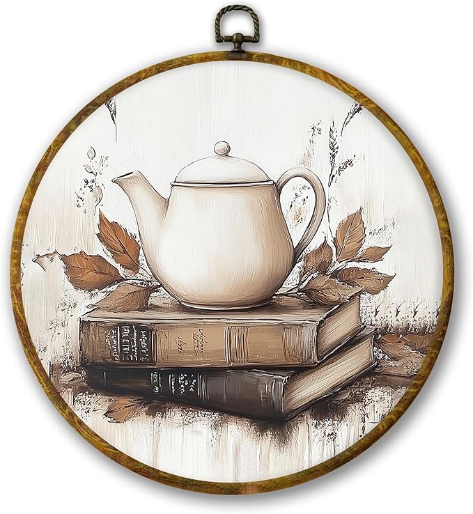 Mcehtle Vintage Fall Wall Art Decor, Rustic Autumn Teapot Books Maple Leaf Framed Canvas Prints 10x10, Cozy Fall Round Wall Hanging Artwork Decorations for Kitchen Bedroom Living Room Home