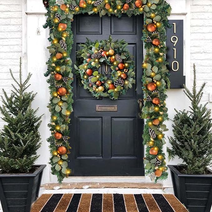 WANNA-CUL Pre-Lit 6 ft/ 72 Inch Christmas Garland with Lights Decoration for Mantle with Copper Gold Christmas Ball Ornaments,Battery Operated 30 LED Lights