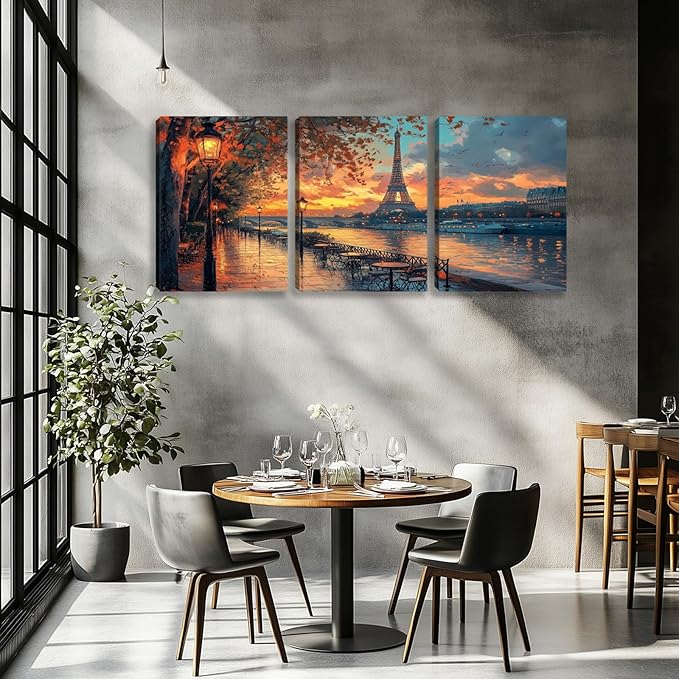 3 Pieces Paris Eiffel Tower Decor Wall Art Canvas Paintings Picture Posters Prints Landscape Wall Art Decor for Living room Bedroom Home Office Wall Decor Framed Wall Art (36''W x 16''H)