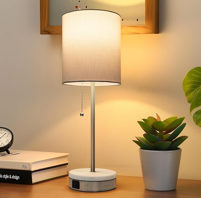 Marble Table Lamp, Bedside Lamps with Pull Chain for Bedroom, Lamp for Night Stands with USB Ports and Square Shade for Living Room Home Decor, Bulb Included