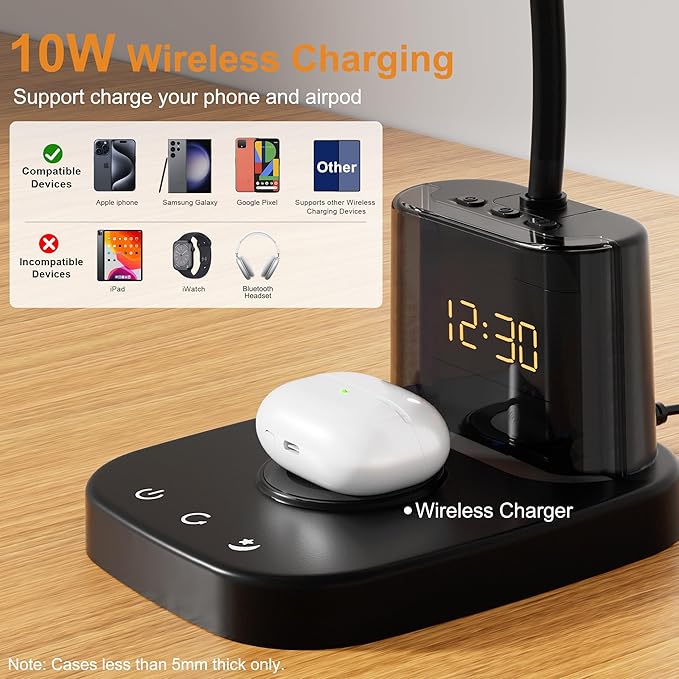 Sailstar Desk Lamp, Bedside Table Lamps with Wireless Charger and Clock, 30Mins Auto-Off Night Light Lamp, 3 Color Modes Dimmable Touch 800LM CRI 95, LED Desk Lamps for Home Office, Adapter Included