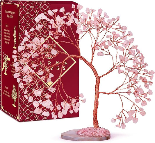 Rose Quartz Healing Crystal Tree of Life for Home and Office Decor, Positive Energy, Wealth, Good Luck, Reiki Healing Crystals and Stones, Handmade Feng Shui Decoration, Birthday Gifts for Women