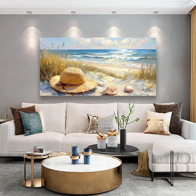 Beach Straw Hat Picture Printed Canvas Wall Art for Living Room, Office, Bedroom Wall Decor, Sea Landscape Wall Art Prints Modern Blue Yellow Landscape Artwork Waterproof Ready to Hang - 20x40 inches