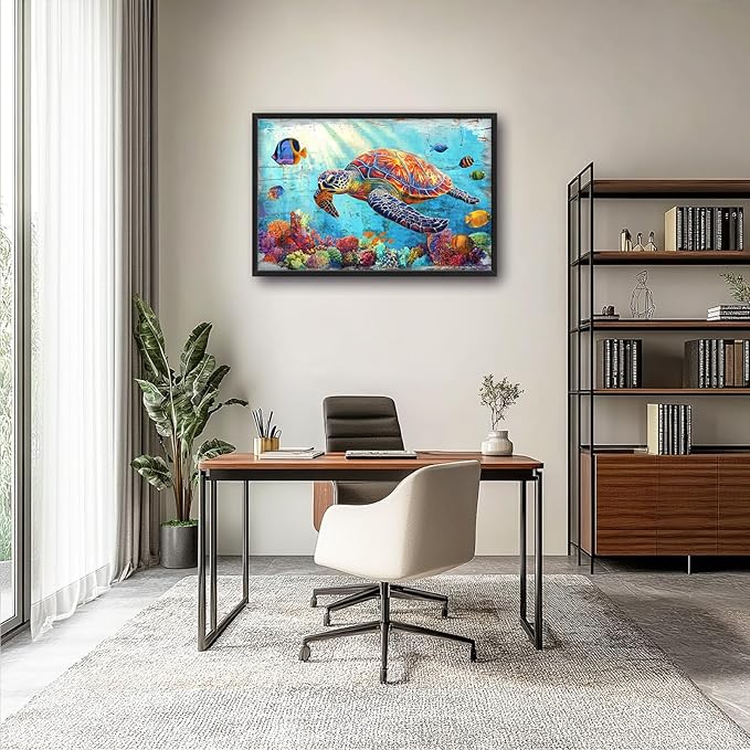 Lovira Sea Turtle Large Wall Art Ocean Coastal Theme Canvas Wall Decor Pictures Prints Painting Framed Home Artwork for Living Room Bathroom Bedroom Kitchen 24"x36"