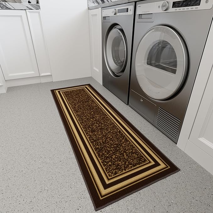 Ottomanson Hallway Runner Rug 20" x 59" Non Slip Border Area Rugs Easy to Clean Laundry Rug Runner Durable & Pet Friendly Floor Carpet Runners for Hallways Entryway Living Room Kitchen, Brown