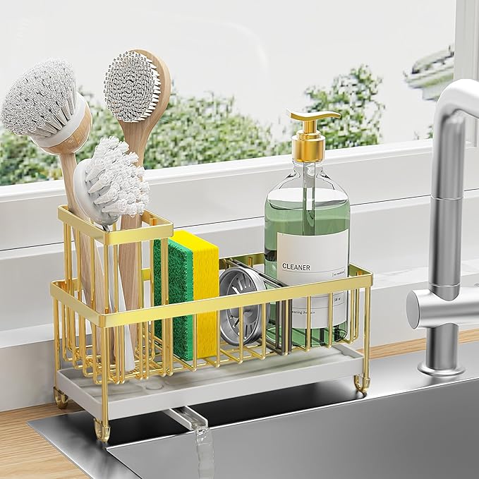 Cisily Gold Sponge Holder for Kitchen Sink, Sink Caddy Organizer with High Brush Holder, Kitchen Countertop Organizers and Storage Essentials, Rustproof 304 Stainless Steel, Soap Dispenser Organize