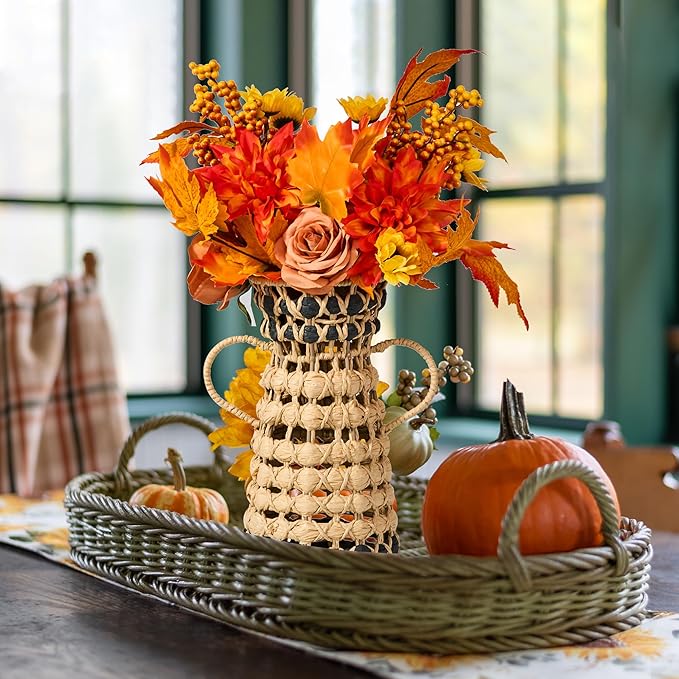 GENMOUS Fall Decor - 2 Pcs Artificial Fall Flowers, Fake Flowers for Autumn, Faux Fall Floral Arrangements Stems Maple Leaf for Home Fall Wedding Bouquet Table Centerpieces Thanksgiving Decoration