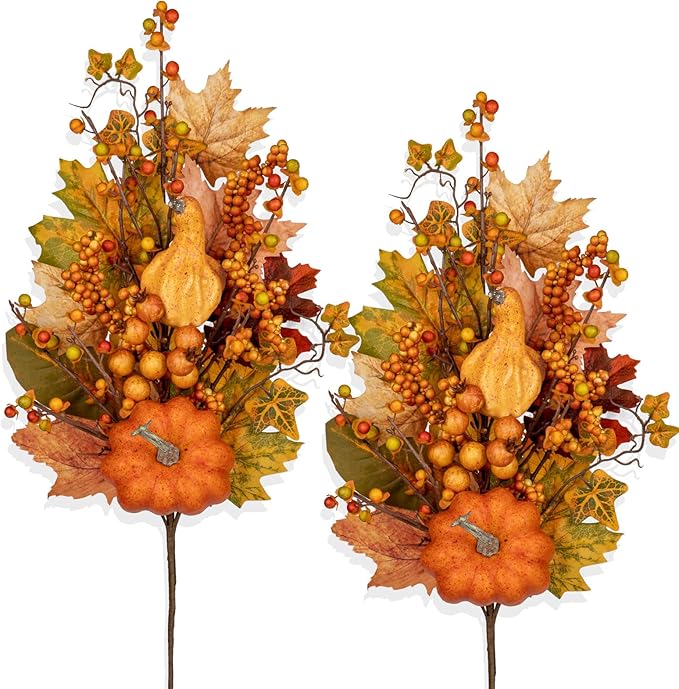 31.5" Artificial Fall Leaf Stems Autumn Leaves Decor, Fall Pumpkin Decorations for Home, 2 Pcs Artificial Berry Maple Leaf Floral Arrangement Long Stems Branches for Festival Vases Centerpieces Swags