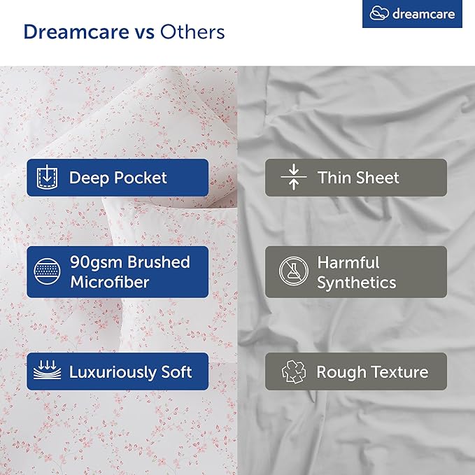 DREAMCARE Twin Sheets - Cooling Bed Sheets - Twin Sheet Set - Soft & Long Lasting 100% Fine Brushed Floral Blossom Sheets