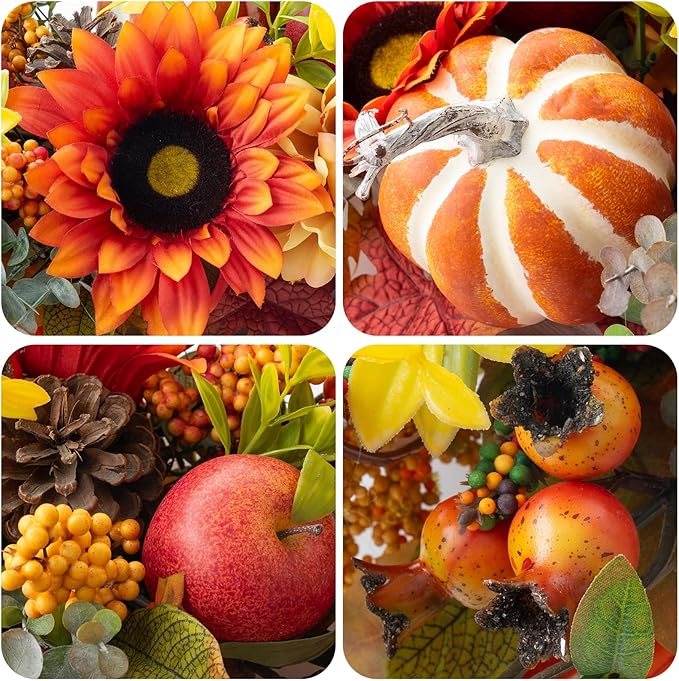 Fall Centerpieces for Tables – 28" Autumn Thanksgiving Table Decoration with Sunflowers, Pumpkins, Apples & Maple Leaves – Rustic Fall Table Decor for Home, Kitchen, Fireplace, Dining Table