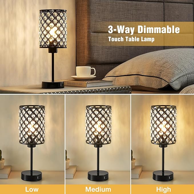 GyroVu Crystal Table Lamp, Black Lamp for Bedroom Nightstand with USB C+A Ports, 3 Way Dimmable Touch Lamp with Crystal Shade, Bedside Lamp Small Lamp for Bedroom, Living Room, Office (Buld Included)
