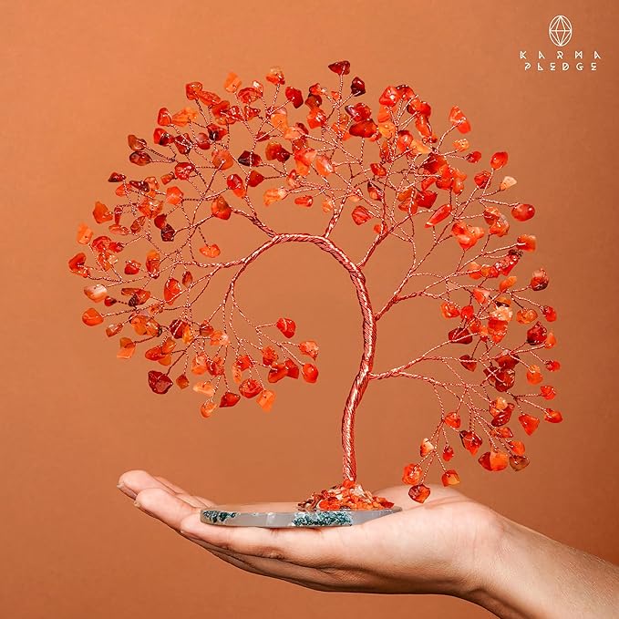 Carnelian Healing Crystal Tree of Life for Home and Office Decor, Positive Energy, Wealth, Good Luck, Reiki Healing Crystals and Stones, Handmade Feng Shui Decoration, Birthday Gifts for Women, Mom