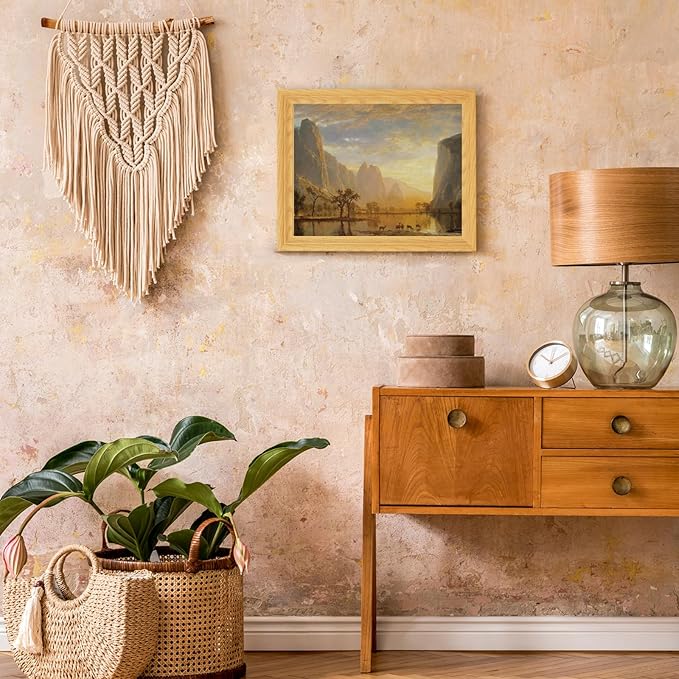 Brivoria Framed Canvas Wall Art Vintage Decor, Majestic Autumn Valley Landscape with Golden Cliffs, Sunset Sky, Reflective Lake and Deer Herd for Dining Room Hallway Office or Nature Display, 13"x16"