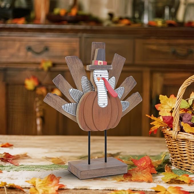Zcaukya Thanksgiving Turkey Decoration, Wooden Indoor Standing Tabletop Turkey Decor for Home Office Bedroom Kitchen Thanksgiving Harvest Day Decorations