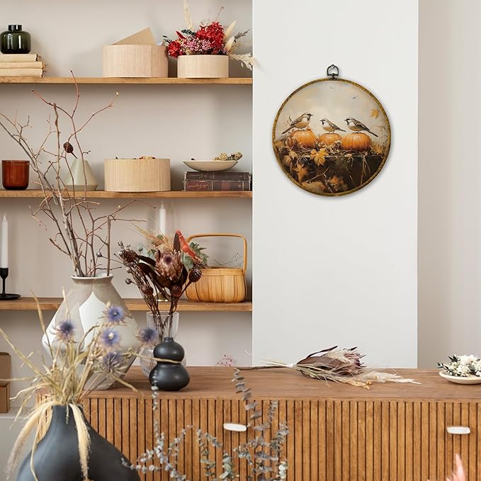 Mcehtle Rustic Fall Bird Pumpkin Wall Art Decor, Autumn Maple Leaf Sparrow Bird Framed Canvas Prints 10x10, Thanksgiving Halloween Farmhouse Round Wall Hanging Artwork Decorations for Home Bedroom