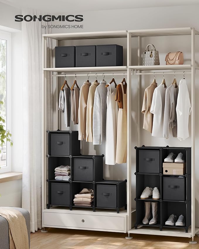 SONGMICS Cube Storage Organizer with Storage Boxes, Set of 12-Cube Organizer, 12 Collapsible Non-Woven Fabric Bins, Customizable, Space-Saving, Bedroom, Ink Black and Dove Gray ULPC122B01