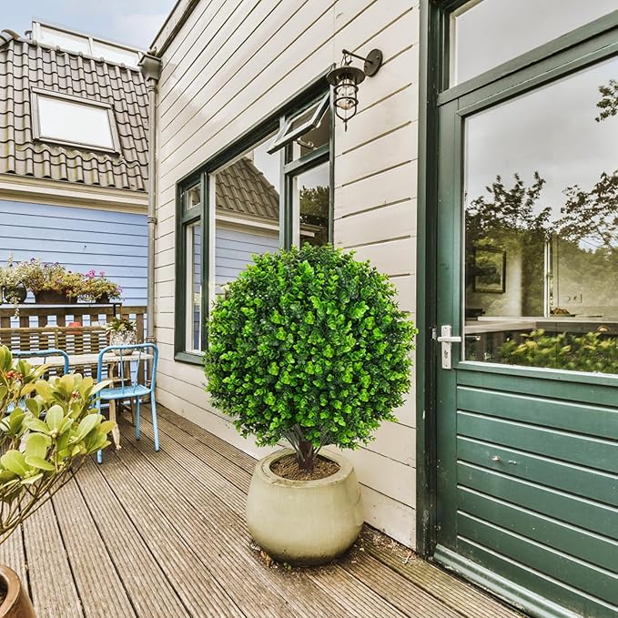 22" Artificial Green Eucalyptus Topiary Ball Trees with Ground Spike Set of 2 - UV Resistant Faux Evergreen Shrubs & Bushes Plants for Outdoor Indoor Front Porch Garden