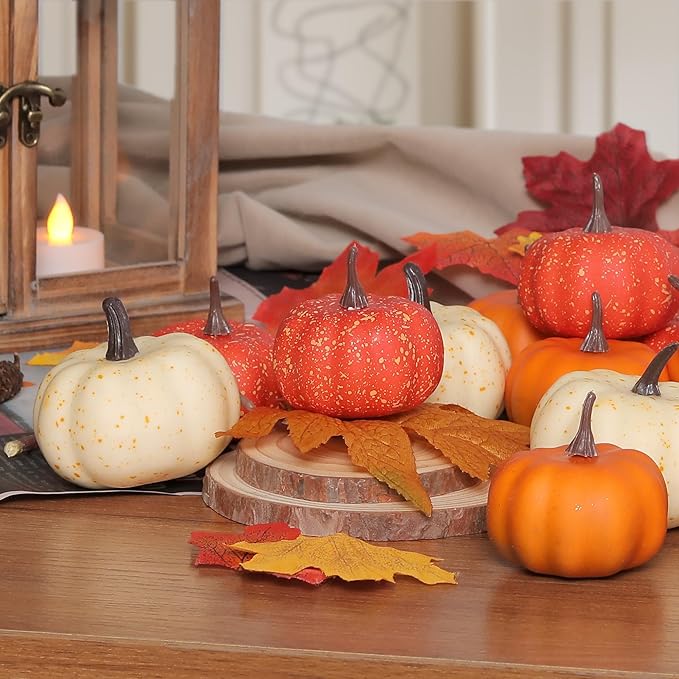 16PCS Realistic Mini Pumpkin Decor,Fall Decor with Pumpkins Maple Leaves, Artificial Pumpkin Decor for Autumn Filler, Realistic Pumpkin Decorations for Halloween Thanksgiving Fall Home Decor
