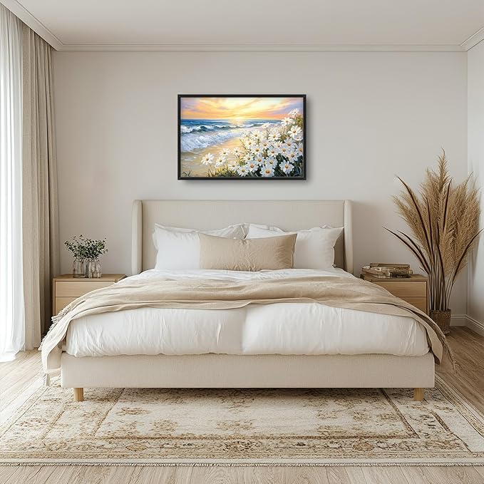 Large Beach Daisy Wall Art, Framed Coastal Beach Wall Decor for Living Room, Oversized Sunrise Canvas Painting Seascape Pictures Home Decoration for Living Room Bedroom Office 36"x24"