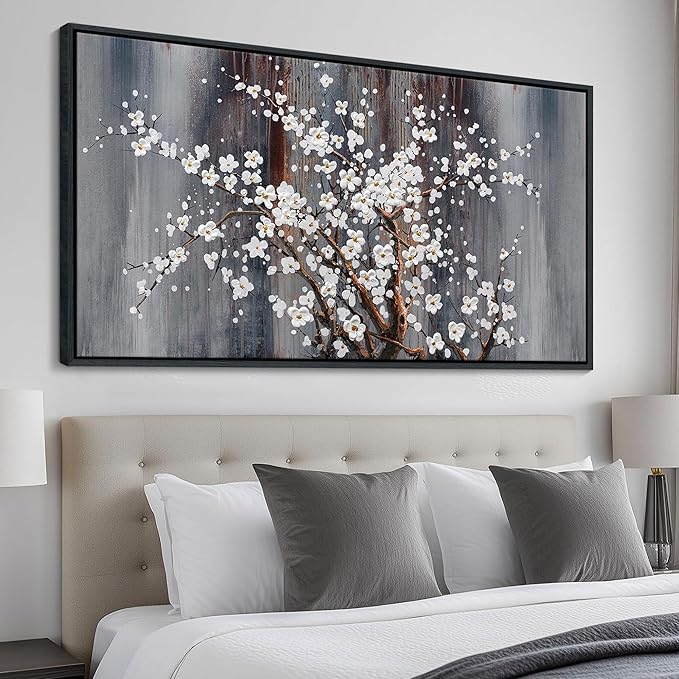Wall Art for Living Room Large Modern Wall Decor Canvas Paintings for Wall Decorations White Flower Brown Bedroom Office Artwork Plum Blossom Art Prints Framed 24×48IN